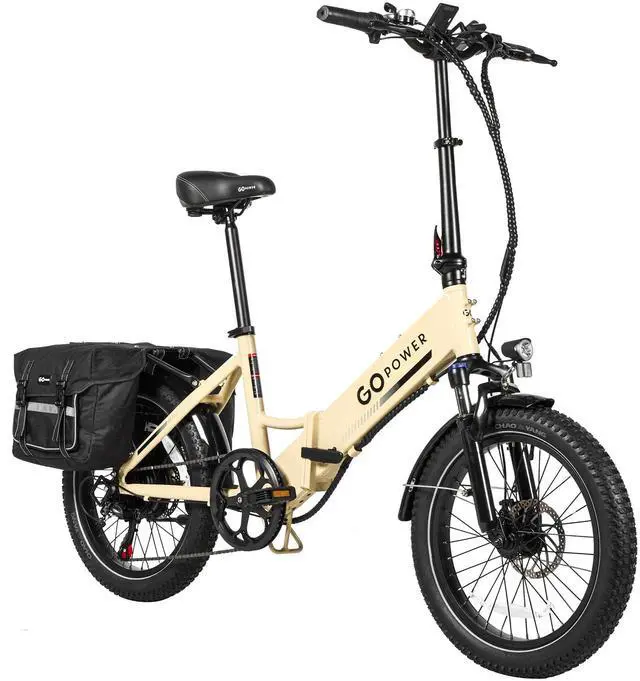 Main image of GoPowerBike GoPlus Folding Electric Bike | 20" Fat Tire eBike | 500W Motor, 20mph Top Speed | 45+ Mile Range, 5 Pedal-Assist Levels | Removable Battery | Class 1 & 2 sand
