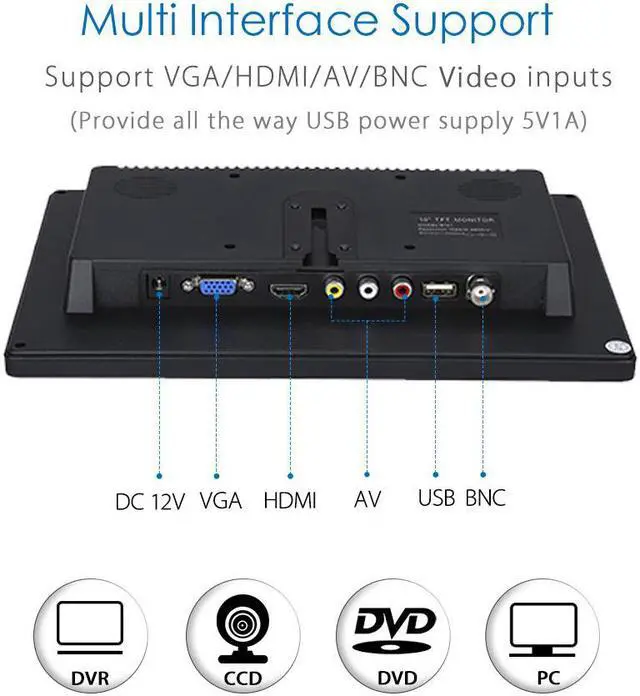 Alt view image 3 of 7 - Nexanic 10.1 inch Monitor HD 1024*600 with Video Audio VGA AV BNC USB HDMI 10 inch Dispaly for CCTV Camera PC DVD Laptop