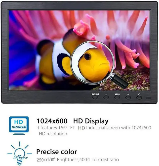 Alt view image 2 of 7 - Nexanic 10.1 inch Monitor HD 1024*600 with Video Audio VGA AV BNC USB HDMI 10 inch Dispaly for CCTV Camera PC DVD Laptop