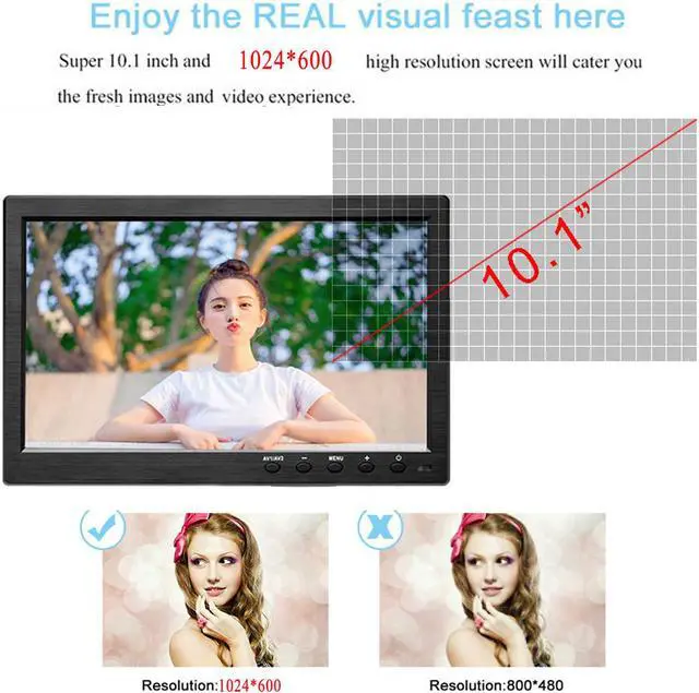 Alt view image 4 of 7 - Nexanic 10.1 inch Monitor HD 1024*600 with Video Audio VGA AV BNC USB HDMI 10 inch Dispaly for CCTV Camera PC DVD Laptop