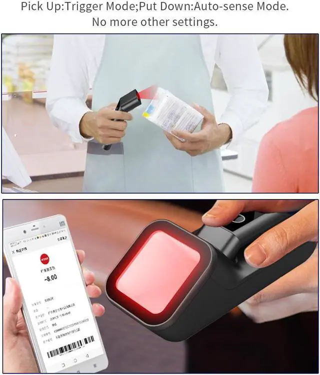 Alt view image 6 of 7 - Nexanic R50 Bluetooth 2D Wireless 2.4G USB 3 in 1 Barcode Scanner Scan Automactically with Charge Base Mobile Payment Code Reader