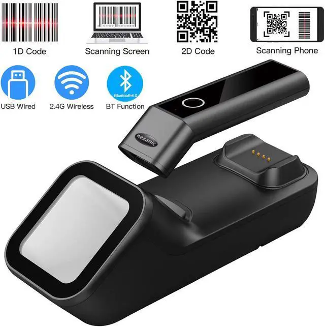 Main image of Nexanic R50 Bluetooth 2D Wireless 2.4G USB 3 in 1 Barcode Scanner Scan Automactically with Charge Base Mobile Payment Code Reader