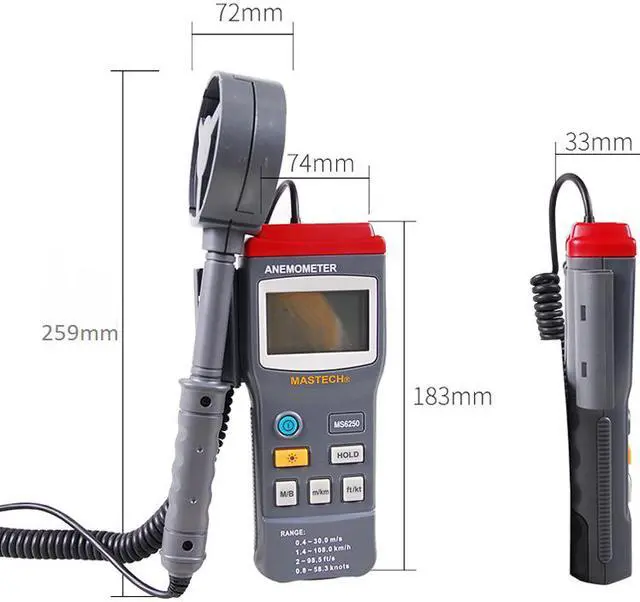 Alt view image 3 of 6 - Mastech MS6250 Anemometer Professional Digital Air Velocity Tester Air Wind Speed Meter Measuring Tool