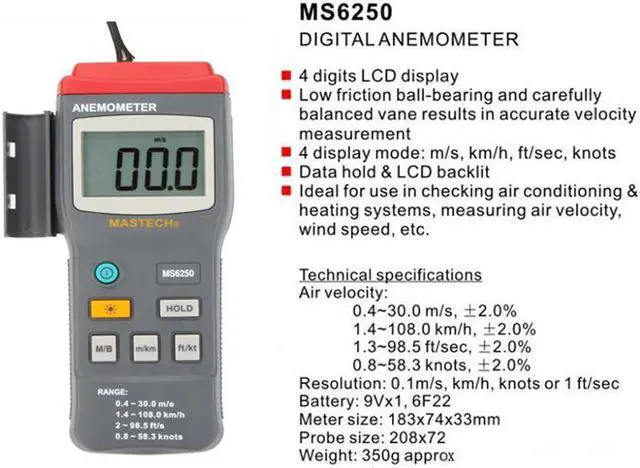Alt view image 4 of 6 - Mastech MS6250 Anemometer Professional Digital Air Velocity Tester Air Wind Speed Meter Measuring Tool