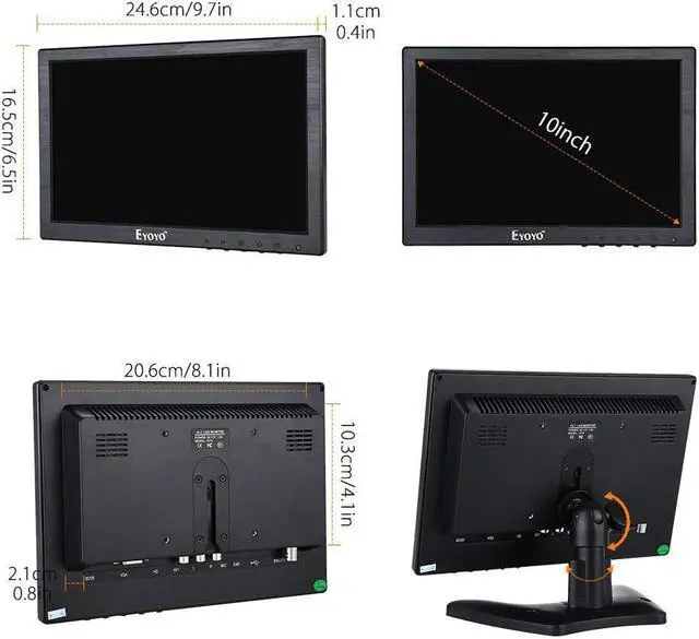 Alt view image 5 of 6 - 10 inch Monitor HD 1280x800 TFT 10.1 inch Display with Video Audio VGA AV BNC USB HDMI for CCTV Camera PC DVD Laptop