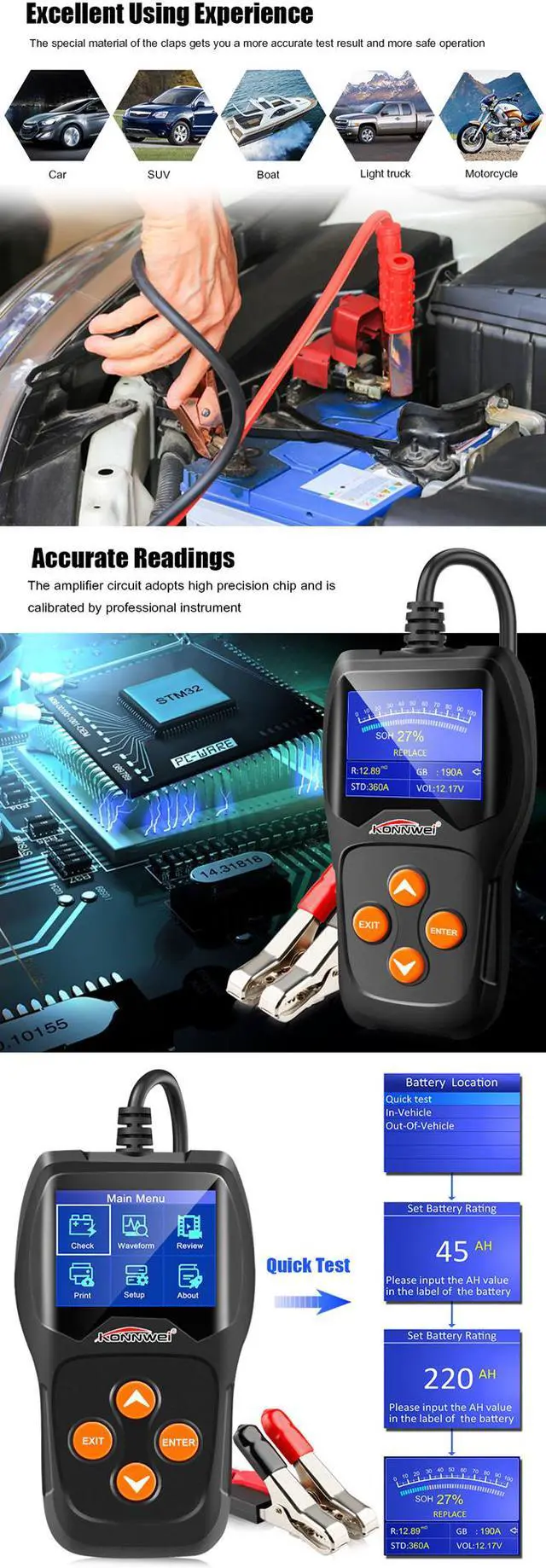 Alt view image 5 of 6 - [ Authorized Distributor ] Konnwei KW600 Car Battery Tester SAE CCA 12V Battery Analyzer Cranking Charging 12V Car Battery Tester