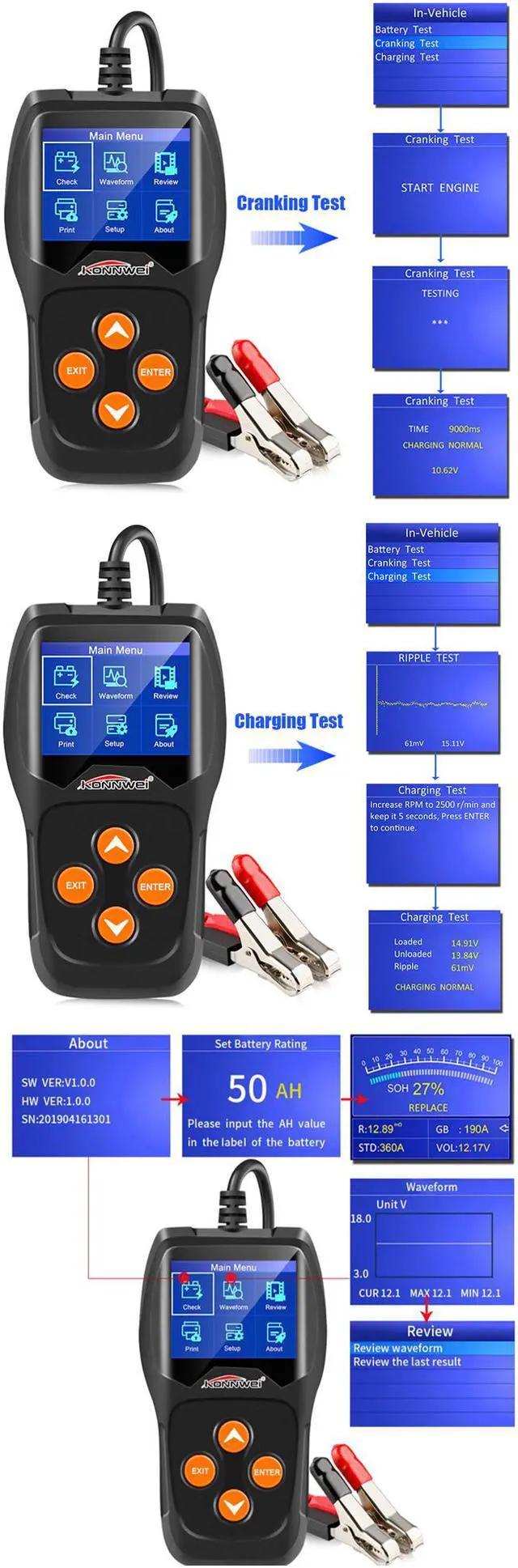 Alt view image 6 of 6 - [ Authorized Distributor ] Konnwei KW600 Car Battery Tester SAE CCA 12V Battery Analyzer Cranking Charging 12V Car Battery Tester