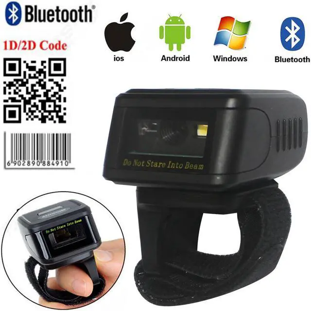 Bluetooth Ring 1D 2D QR Barcode Scanner,Wearable Wireless Finger Mini Bar Code Reader Scanner Compatible for Windows, Mac OS, Android 4.0+, iOS Suppor Ring Mini Bluetooth 1D⁄2D⁄QR Barcode Scanner with APP and SDK