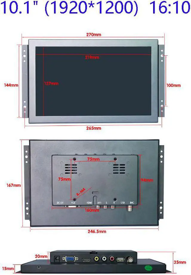 Alt view image 6 of 7 - 10 inch Industrial Display Touch Monitor 1920*1200 FHD Wide View Open Frame Capacitive Touch Screen 10.1 inch Touch Display with VGA/HDMI Speakers