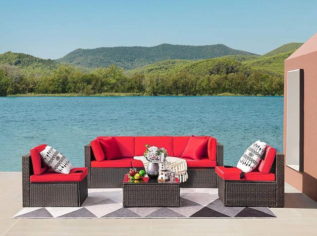 Devoko Patio Furniture Sets 6 Pieces Outdoor Sectional Rattan Sofa Manual  Weaving Wicker Patio Conversation Set with Glass Table and Cushion (Red) 