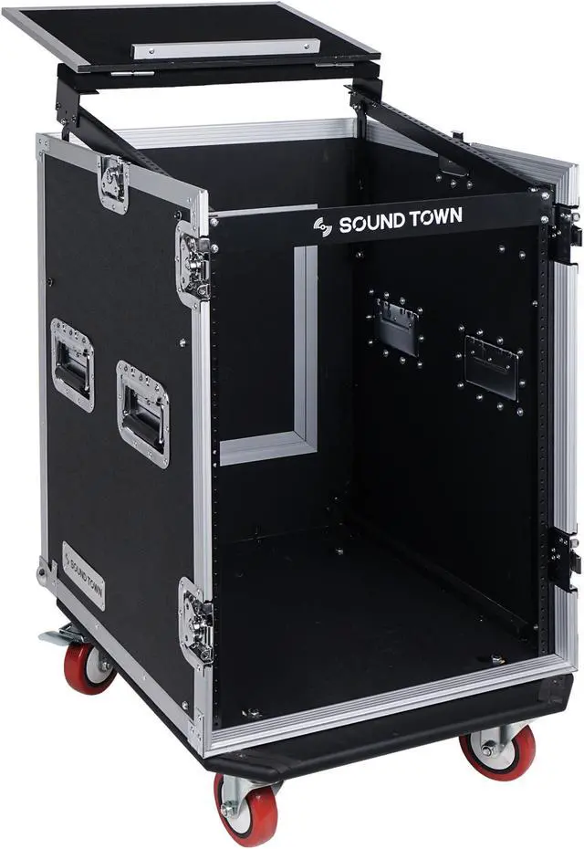 Alt view image 5 of 14 - Sound Town 14U PA DJ Rack/Road Case with 11U Slant Mixer Top, 20’’ Rackable Depth and Casters, 14-Space ATA Case (STMR-14UW)