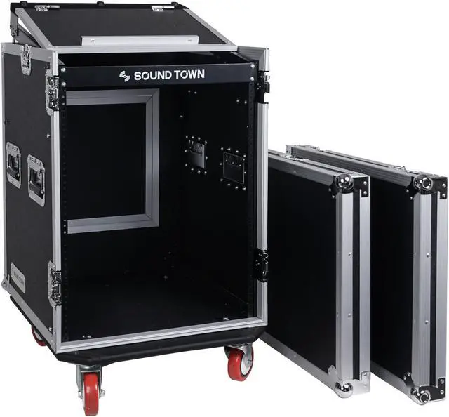Alt view image 2 of 14 - Sound Town 14U PA DJ Rack/Road Case with 11U Slant Mixer Top, 20’’ Rackable Depth and Casters, 14-Space ATA Case (STMR-14UW)