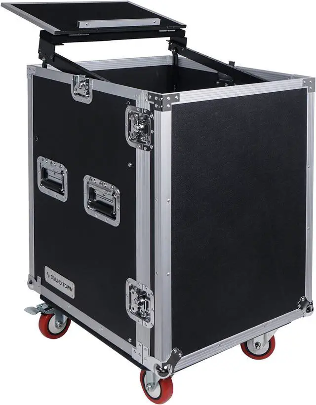 Alt view image 6 of 14 - Sound Town 14U PA DJ Rack/Road Case with 11U Slant Mixer Top, 20’’ Rackable Depth and Casters, 14-Space ATA Case (STMR-14UW)