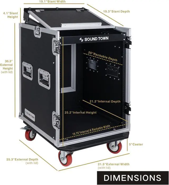 Alt view image 7 of 14 - Sound Town 14U PA DJ Rack/Road Case with 11U Slant Mixer Top, 20’’ Rackable Depth and Casters, 14-Space ATA Case (STMR-14UW)