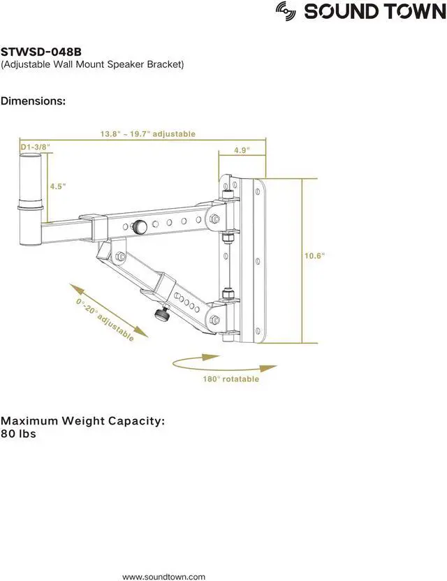 Alt view image 3 of 3 - Sound Town 2-Pack Adjustable Wall Mount Speaker Brackets with 180-degree Swivel