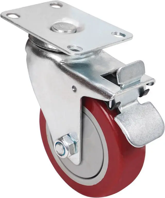 Alt view image 3 of 4 - Sound Town 4 Pack 4” Swivel Caster Wheels with Red Polyurethane and Brake Casters, Replacement Caster Wheels for Rack Case, Home Furniture, Industrial Trailer