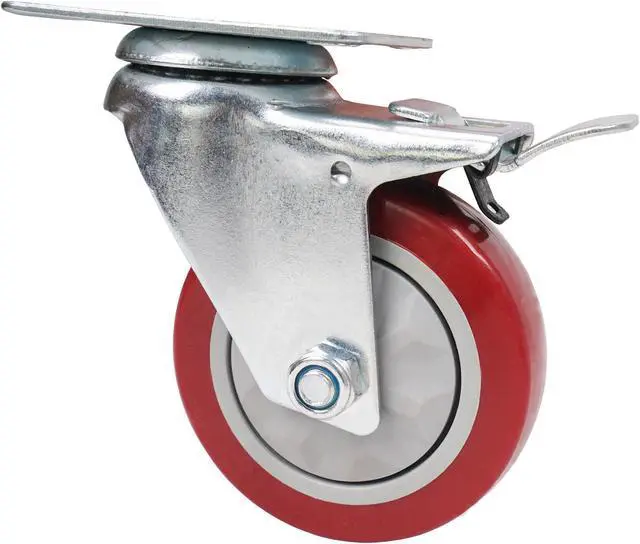 Alt view image 2 of 4 - Sound Town 4 Pack 4” Swivel Caster Wheels with Red Polyurethane and Brake Casters, Replacement Caster Wheels for Rack Case, Home Furniture, Industrial Trailer