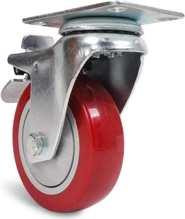 Alt view image 4 of 4 - Sound Town 4 Pack 4” Swivel Caster Wheels with Red Polyurethane and Brake Casters, Replacement Caster Wheels for Rack Case, Home Furniture, Industrial Trailer