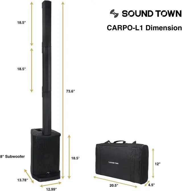Alt view image 5 of 7 - Sound Town Portable Line Array Column PA/DJ System with Sub Bass Module, TWS Bluetooth, Built-in 3-channel Mixer, Carry Bag (CARPO-L1)