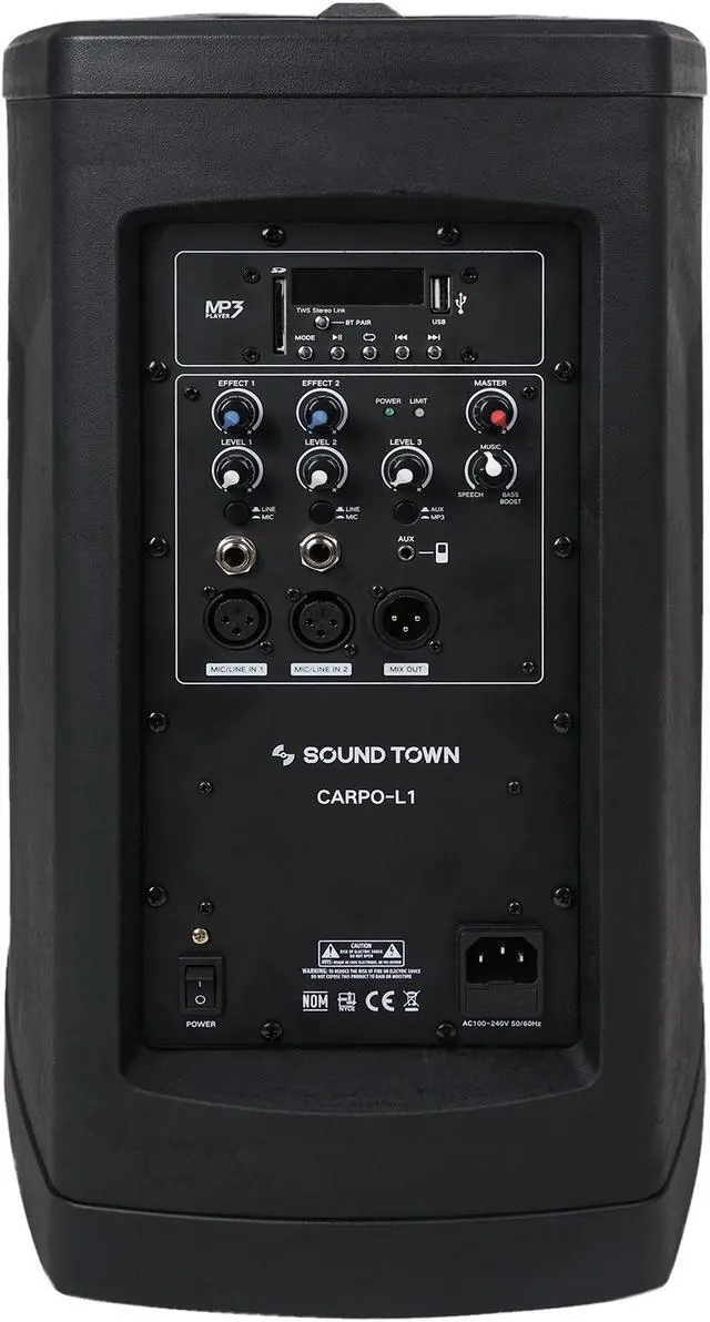 Alt view image 4 of 7 - Sound Town Portable Line Array Column PA/DJ System with Sub Bass Module, TWS Bluetooth, Built-in 3-channel Mixer, Carry Bag (CARPO-L1)