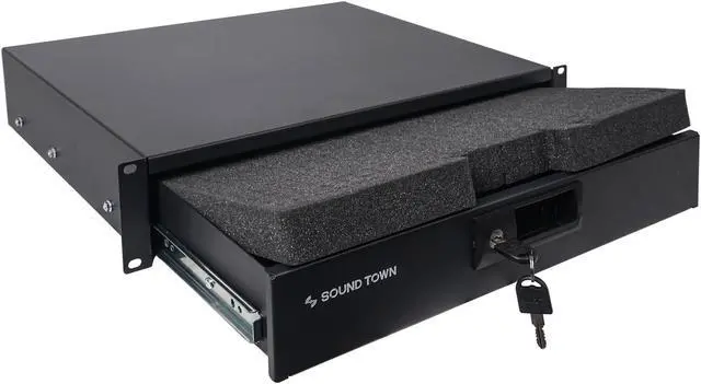 Alt view image 5 of 7 - Sound Town 12U PA DJ Pro Audio Rack/Road ATA Case with 11U Slant Mixer Top, Locking Drawer, Side Table, 20’’ Rackable Depth and Casters (STMR-12TD2)