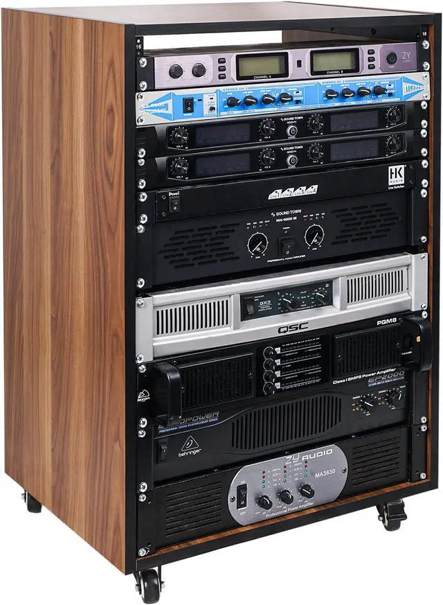 Main image of Sound Town DIY 16U Studio Rack with Furniture Grade Walnut Laminate, Rubber Feet, Casters (SDRK-16WN)