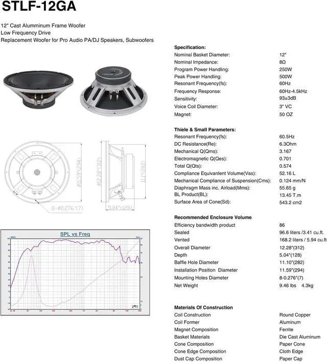 Alt view image 6 of 6 - Sound Town 12” 300W Cast Aluminum Frame Woofer w/ 3" Voice Coil, Replacement Woofer for PA/DJ Speaker, Bass Guitar Cabinets (STLF-12GA)