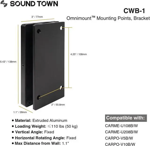 Alt view image 6 of 7 - Sound Town 2-Pack Universal Speaker Wall Mount Brackets, 4.25" x 2" Mounting Template, Black (CWB-1-PAIR)