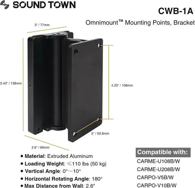 Alt view image 6 of 7 - Sound Town 2-Pack Universal Speaker Wall Mount Brackets with Angle Adjustment, 4.25" x 2" Mounting Template, Black (CWB-1A-PAIR)