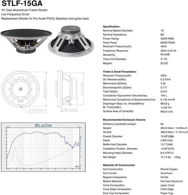 Alt view image 6 of 6 - Sound Town 15" 300W Cast Aluminum Frame Woofer w/ 3" Voice Coil, Replacement Woofer for PA/DJ Speaker, Bass Guitar Cabinets (STLF-15GA)