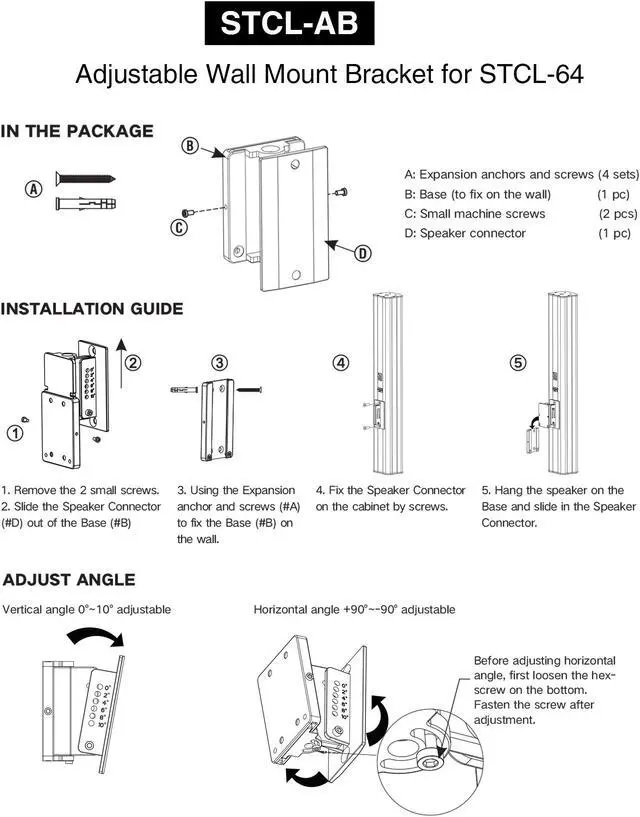 Alt view image 6 of 6 - Sound Town Speaker Wall Mount Bracket with Angle Adjustment for STCL-64 Column Speaker, Black (STCL-AB)