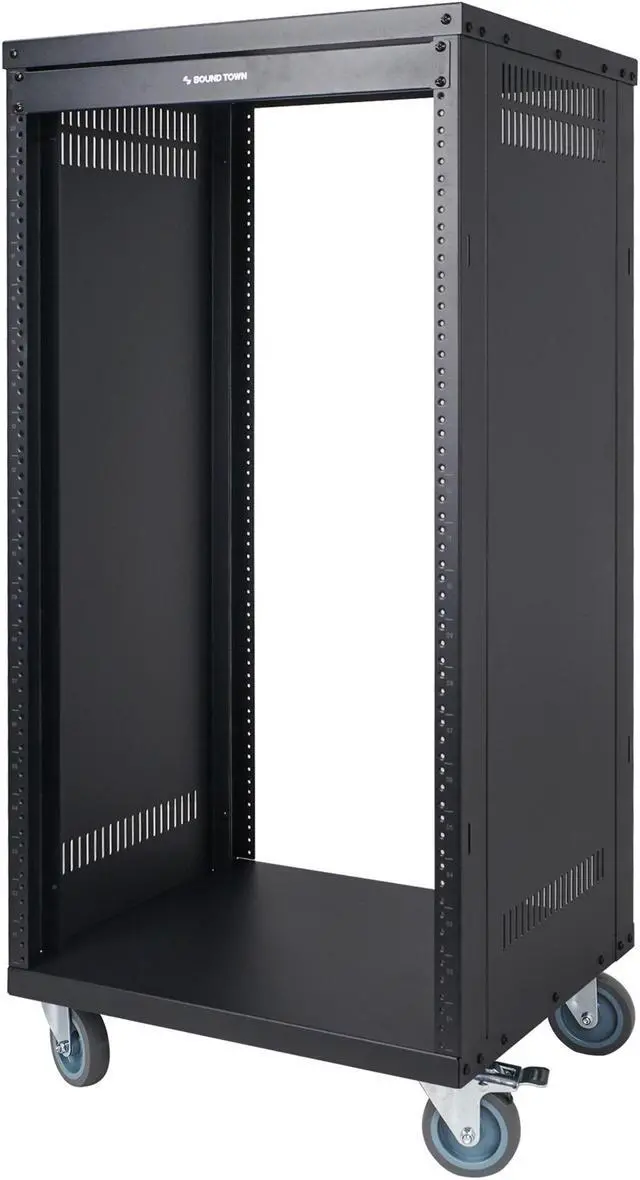 Alt view image 3 of 7 - STRK-M21U Sound Town 21U Universal Steel Rack, w/ 3" Locking Casters, Vented Side Panels for Audio Video, Server and Network Equipment (STRK-M21U)