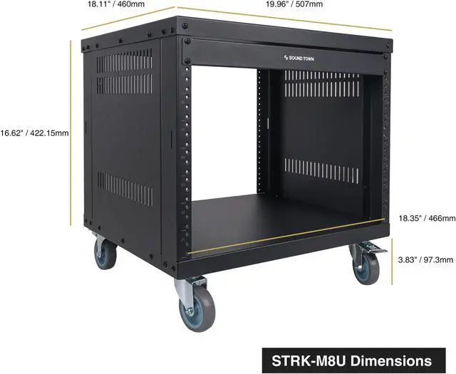 Alt view image 5 of 6 - STRK-M8U Sound Town 8U Universal Steel Rack, w/ 3" Locking Casters, Vented Side Panels for Audio Video, Server and Network Equipment (STRK-M8U)