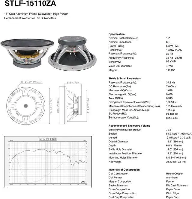 Alt view image 7 of 7 - Sound Town 15" 500W Cast Aluminum Frame Woofer (Low Frequency Driver), Replacement Woofer for PA/DJ Subwoofer Cabinets (STLF-15110ZA)