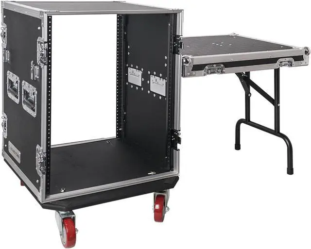 Main image of Sound Town 14U PA/DJ Rack/Road Case, 14-Space, with 17" Depth, DJ Work Table, Casters, Plywood, Metal Ball Corners (STRC-14UWT)