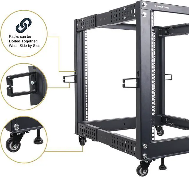 Alt view image 6 of 6 - Sound Town 4-Post 15U Open Frame Sever and Network Equipment Rack with Adjustable Depth 22"-40", Casters, Levelers, Cable Management (ST4POF-A15U)