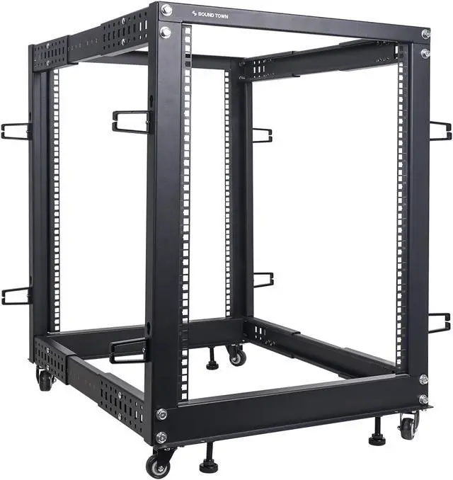 Main image of Sound Town 4-Post 15U Open Frame Sever and Network Equipment Rack with Adjustable Depth 22"-40", Casters, Levelers, Cable Management (ST4POF-A15U)