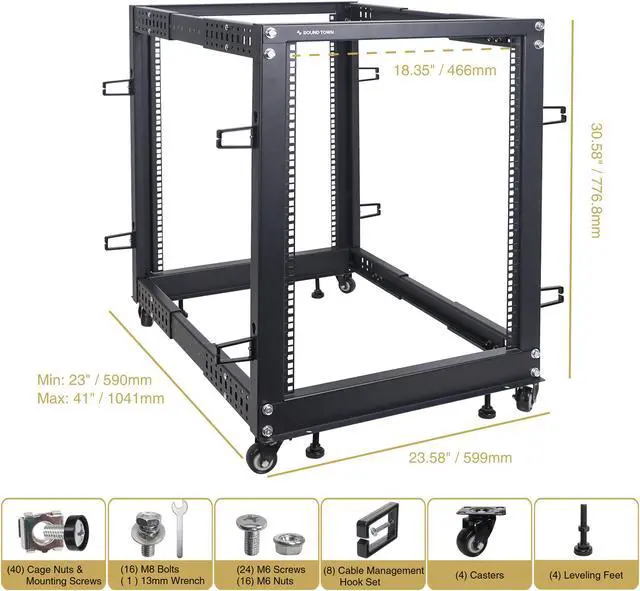 Alt view image 5 of 6 - Sound Town 4-Post 15U Open Frame Sever and Network Equipment Rack with Adjustable Depth 22"-40", Casters, Levelers, Cable Management (ST4POF-A15U)