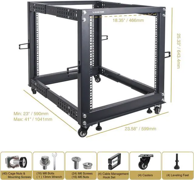 Alt view image 4 of 6 - Sound Town 4-Post 12U Open Frame Sever and Network Equipment Rack with Adjustable Depth 22"-40", Casters, Levelers, Cable Management (ST4POF-A12U)
