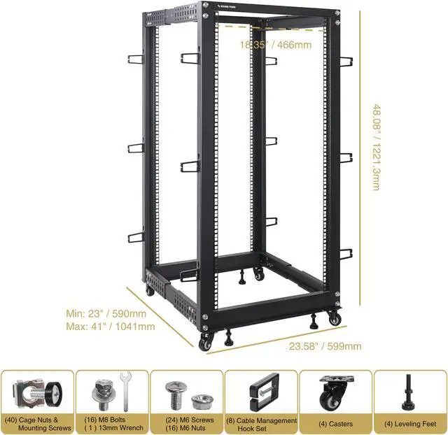 Alt view image 3 of 5 - Sound Town 4-Post 25U Open Frame Sever and Network Equipment Rack with Adjustable Depth 22"-40", Casters, Levelers, Cable Management (ST4POF-A25U)
