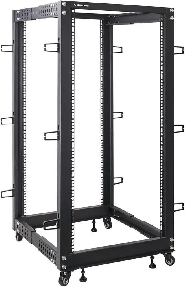 Main image of Sound Town 4-Post 25U Open Frame Sever and Network Equipment Rack with Adjustable Depth 22"-40", Casters, Levelers, Cable Management (ST4POF-A25U)