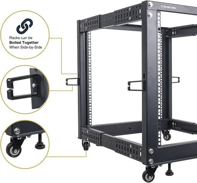 Alt view image 5 of 5 - Sound Town 4-Post 25U Open Frame Sever and Network Equipment Rack with Adjustable Depth 22"-40", Casters, Levelers, Cable Management (ST4POF-A25U)
