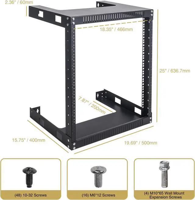 Alt view image 3 of 3 - Sound Town 2-Post 12U Wall Mount Open Frame Rack, 16" Depth, for Servers, IT Equipment, Network Devices, AV, Patch Panels (ST2PWOR-12U)