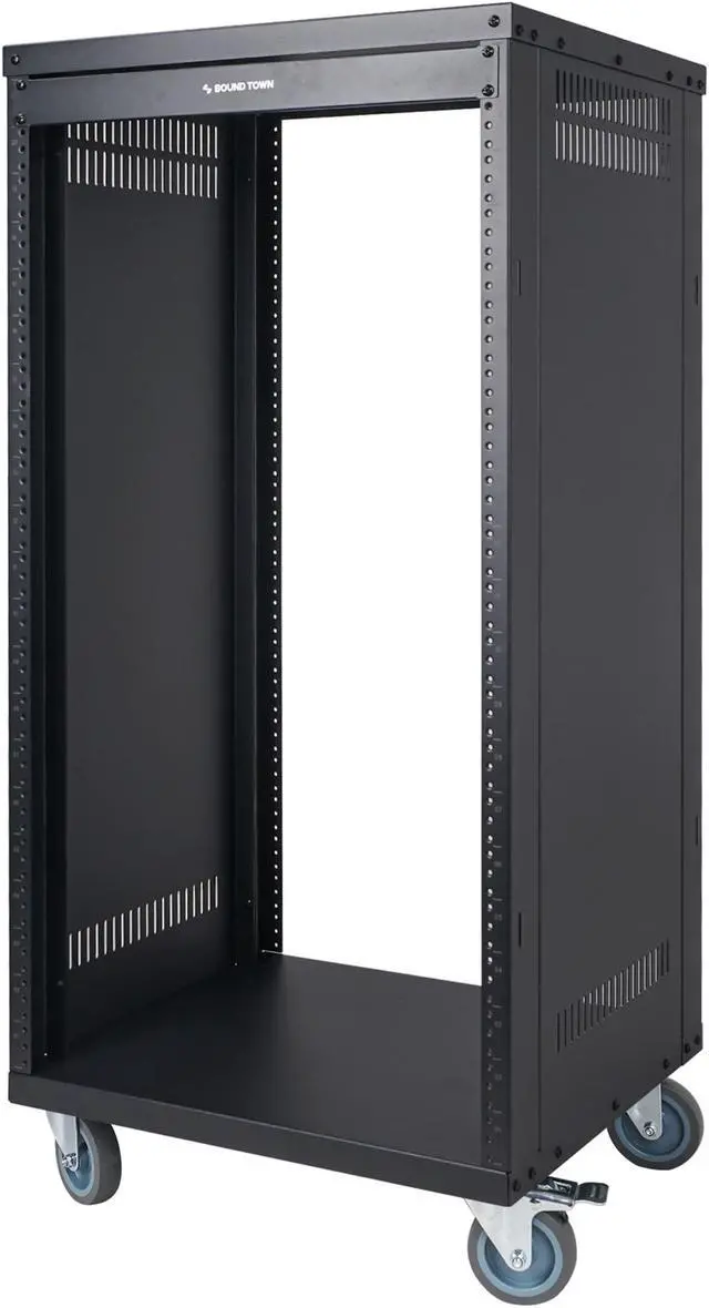 Alt view image 4 of 7 - Sound Town 21U Universal Steel Rack, w/Mesh Doors, Locking Casters, Vented Side Panels for Audio Video, Server and Network Equipment (STRK-M21UWD)
