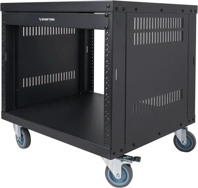 Alt view image 4 of 7 - Sound Town 8U Universal Steel Rack, w/Mesh Doors, Locking Casters, Vented Side Panels for Audio Video, Server and Network Equipment (STRK-M8UWD)