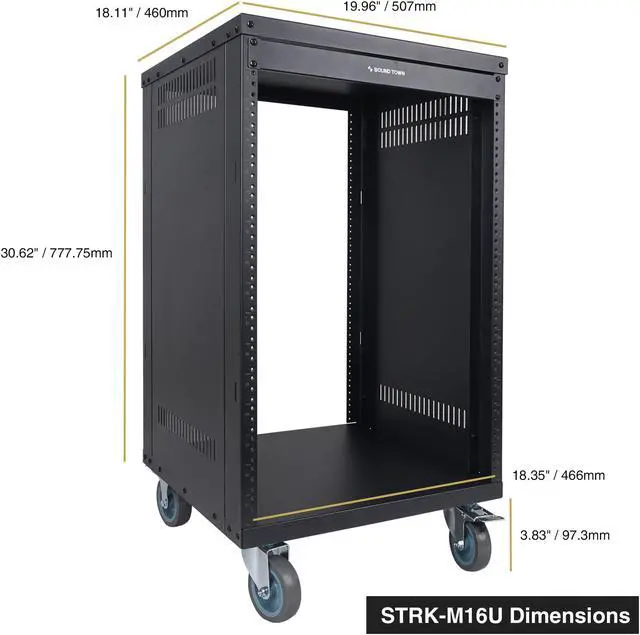 Alt view image 7 of 7 - Sound Town 16U Universal Steel Rack, w/Mesh Doors, Locking Casters, Vented Side Panels for Audio Video, Server and Network Equipment (STRK-M16UWD)