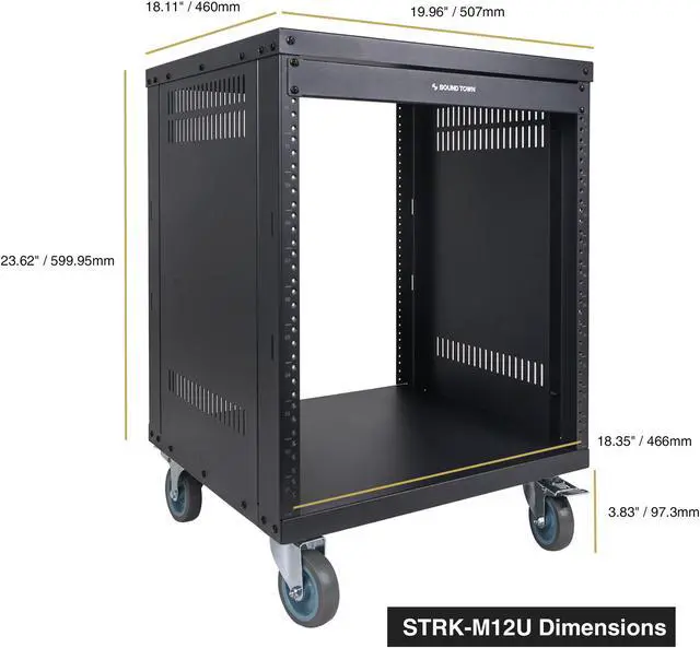 Alt view image 5 of 7 - Sound Town 12U Universal Steel Rack, w/Mesh Doors, Locking Casters, Vented Side Panels for Audio Video, Server and Network Equipment (STRK-M12UWD)