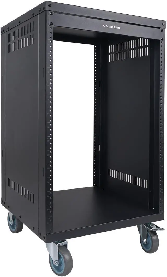 Alt view image 3 of 7 - Sound Town 16U Universal Steel Rack, w/Mesh Doors, Locking Casters, Vented Side Panels for Audio Video, Server and Network Equipment (STRK-M16UWD)