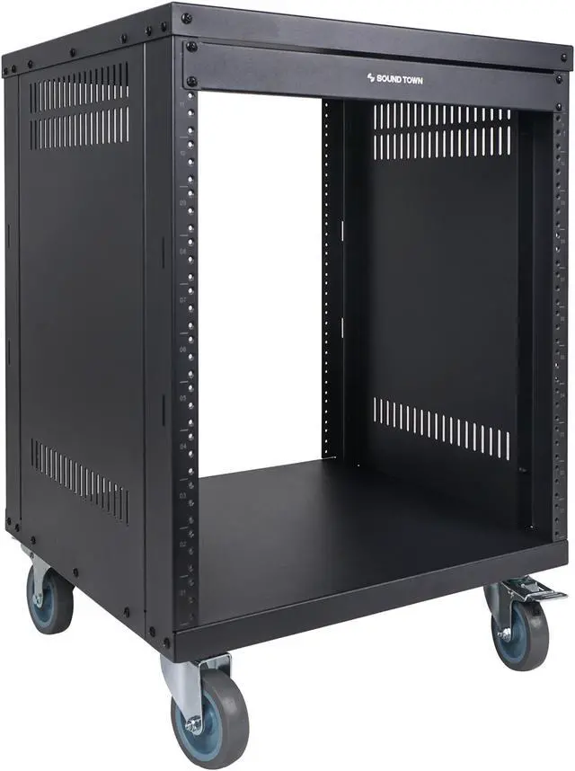 Alt view image 4 of 7 - Sound Town 12U Universal Steel Rack, w/Mesh Doors, Locking Casters, Vented Side Panels for Audio Video, Server and Network Equipment (STRK-M12UWD)