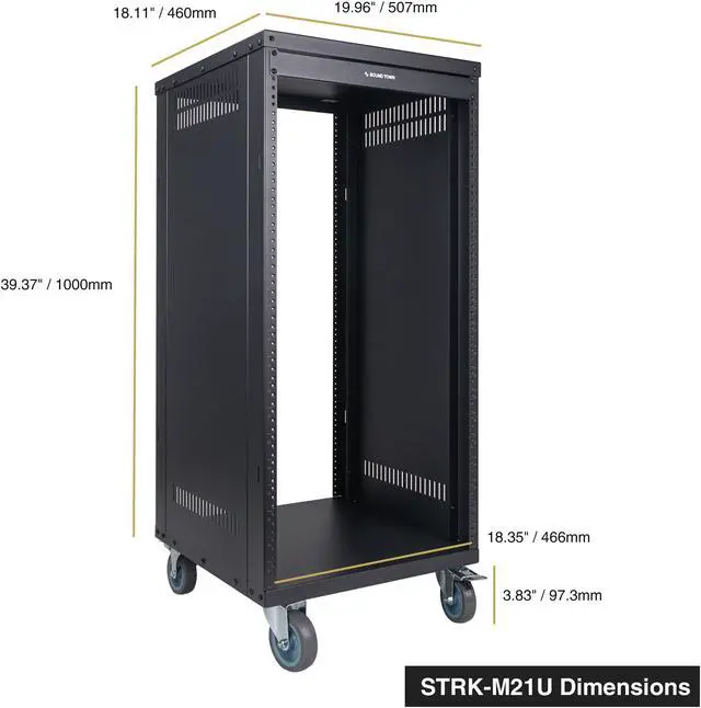 Alt view image 7 of 7 - Sound Town 21U Universal Steel Rack, w/Mesh Doors, Locking Casters, Vented Side Panels for Audio Video, Server and Network Equipment (STRK-M21UWD)